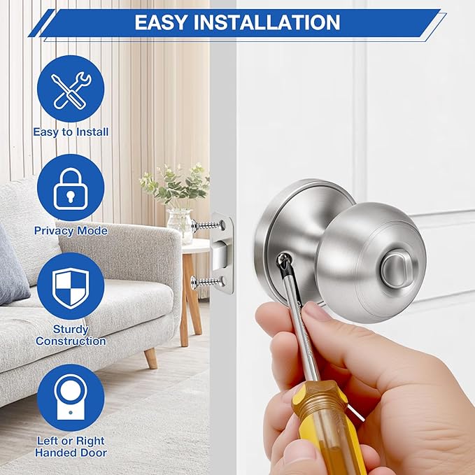 Plustool 5 Pack Brushed Nickel Door Knobs,Privacy Door Knob with Lock, Interior Doorknobs Silver, Keyless Door Locks Set for Bedrooms Bathrooms, Reversible for Left/Right Door Handle