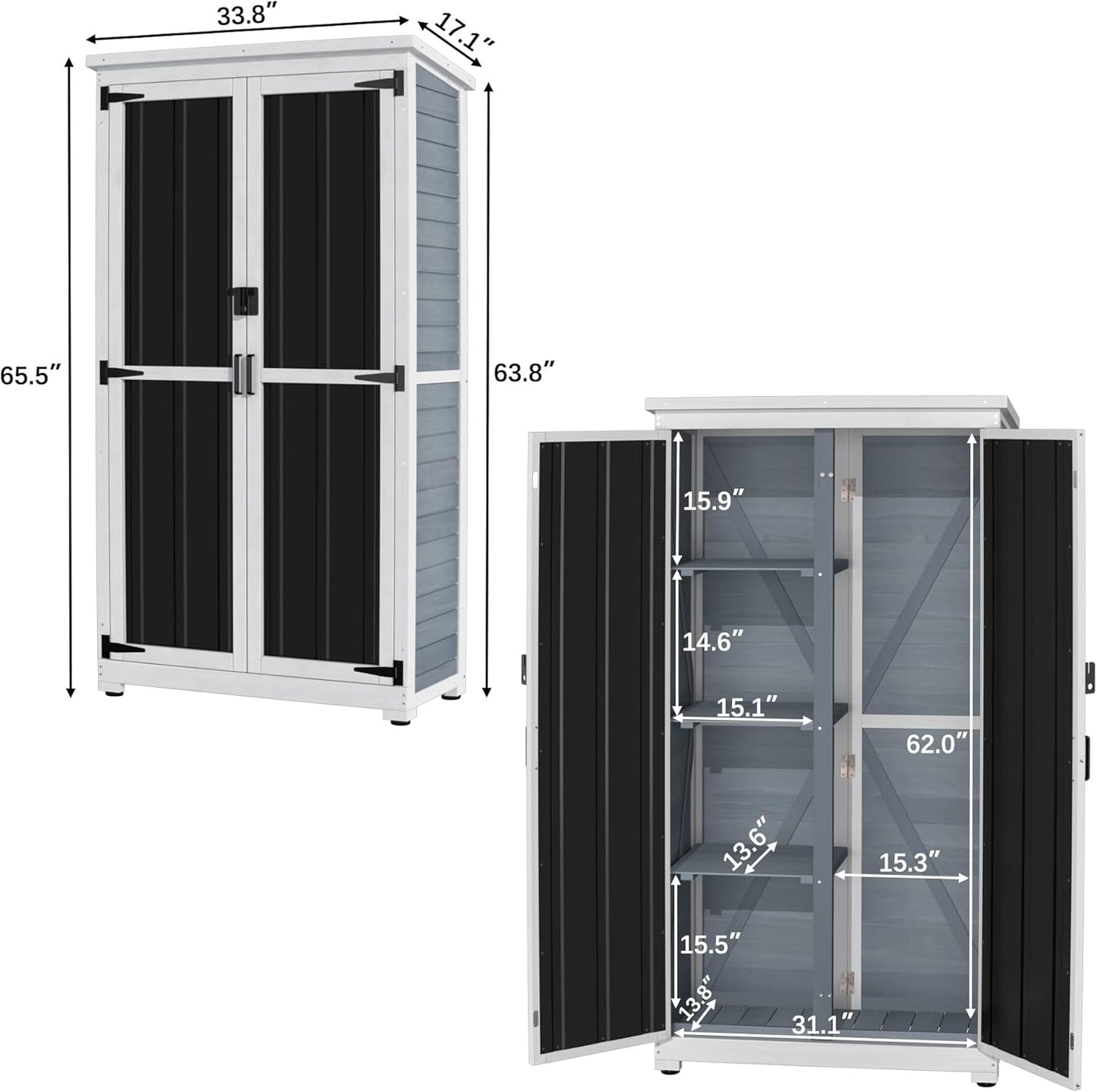 GDLF Outdoor Storage Cabinet Wood & Metal Garden Shed with Waterproof Roof and Sturdy Lockable Doors 66"