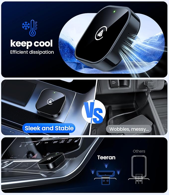 Teeran 2 in 1 Wireless CarPlay and Android Auto Adapter, Easy Setup Plug and Play, Fast Seamless Use Supports 1000+ Cars with Built-in Wired Car Play/Android Auto Compact Sleek Design Car Adapter