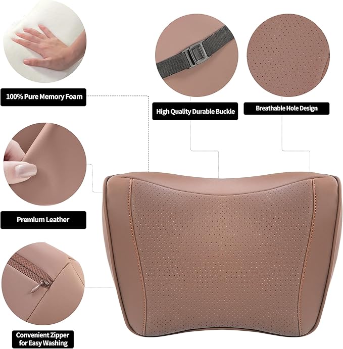 Car Headrest Pillow Memory Foam Breathable Removable Leather Cover Premium Seat Support Head Neck Cushion for Driving Traveling Home Office, Brown, 2 Pack