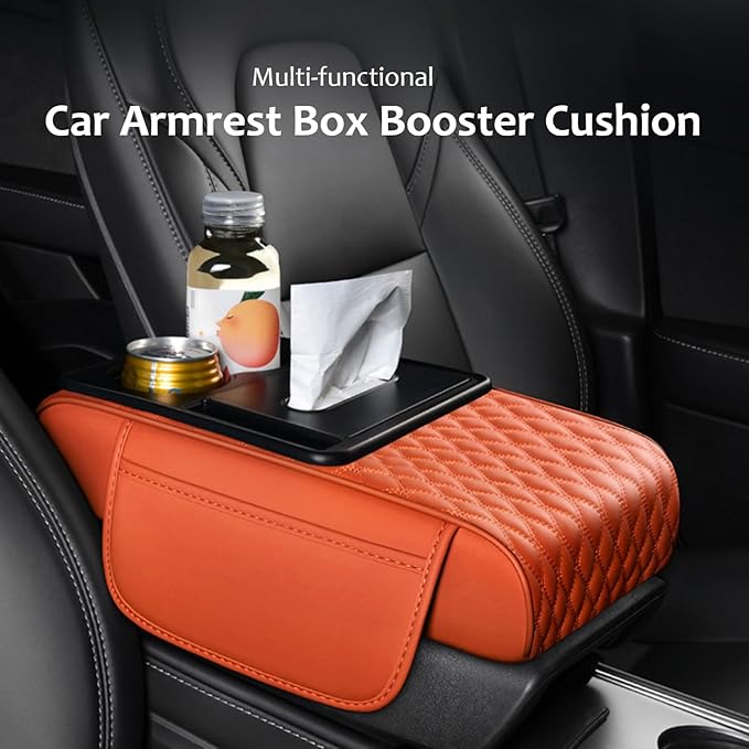 Car Center Console Armrest Pad, Arm Rest Box Cushion with Ergonomic Height Boost, Storage Pockets, Built-in Tissue Box, Cupholder, Fit for Most Sedan Vehicles (Embroidery Water Ripple, Coffee)