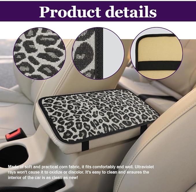 Leopard Cheetah Print African Animal Hunting Auto Center Console Armrest Pad, Car Center Console Cover, Auto Accessories Soft Comfort Armrest Cover Cushion Mat Fit for Most Cars (Black&White)