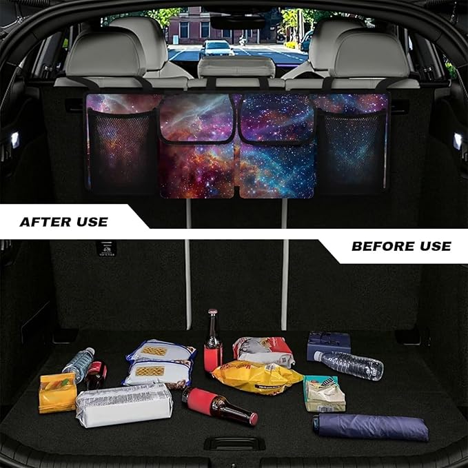 Galaxy Trunk Hanging Organizer, Backseat Bag, Car Interior Accessories with 2 Pockets & 2 Mesh Pouches for Groceries Storage Trunk Space for SUV, Jeep, MPVs