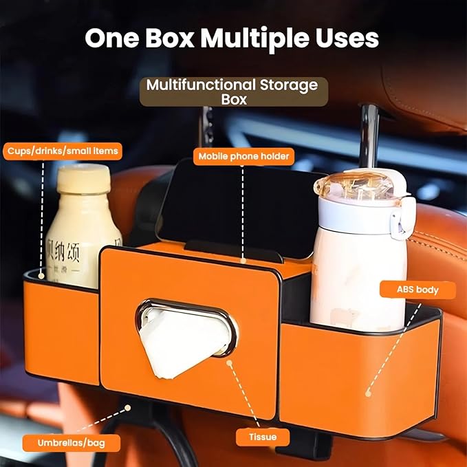 Car Organizers and Storage Box, 2026 New Multifunctional Car Seat Back Storage Box, Multifunctional Car Back Seat Storage Organizer-Carstorage Bag with 2 Cup Holders, Tissue Box, Hooks (Beige)