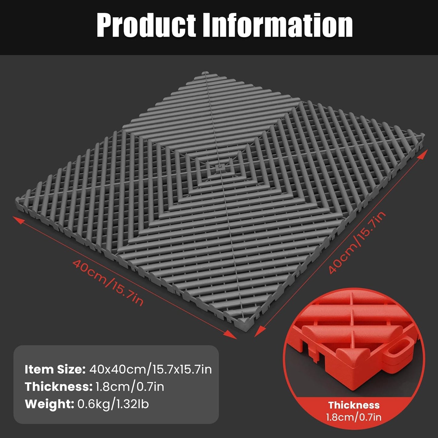 15.7"x15.7" Garage Flooring Tiles, Non-Slip Interlocking Plastic Garage Floor Mat, Garage Organization & Garage Storage, Vented Pattern (red, 25pcs)