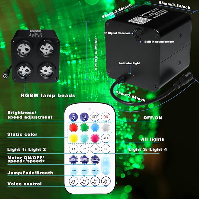 AMKI Updated 4Color Twinkle 36w Starlight Headliner Kits 2000pcs 0.03in 13.1ft Fiber Optic Light Cable 4 Ports Starlight Box App/Remote Control Sound Mode for Car Home Ceiling Decoration