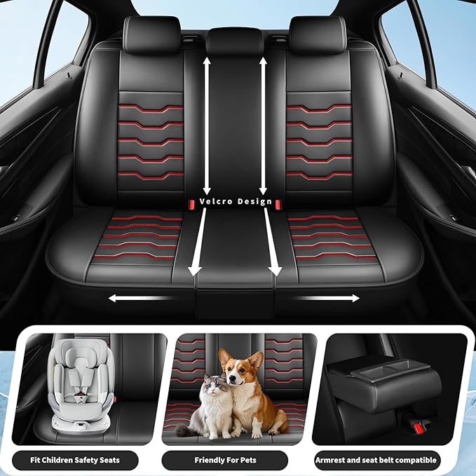 Fit Prius Car Seat Covers for Toyota Prius 2001-2025 2026 -Premium Leather, Waterproof，Breathable，All-Weather Seat Cushion Protecto & Airbag Compatible, 2 Front Seat Red Line Black