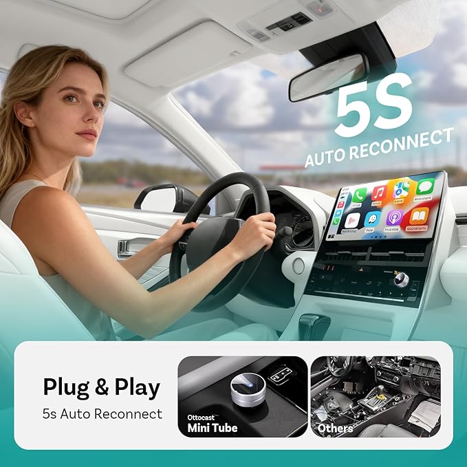 OTTOCAST Mini Tube 2026 Wireless CarPlay & Android Auto Adapter, Plug & Play Auto Connect, 5GHz WiFi Stable Performance, Compatible with iPhone & Android, Premium Aluminum Build
