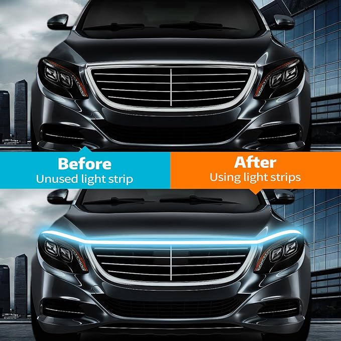 Car Under Hood LED Light Strip 70 Inch Waterproof Flexible Silicone Dynamic Scan Startup Effect Daytime Running Lights 12V Universal Fit for Cars Trucks SUVs Exterior Decoration Kit