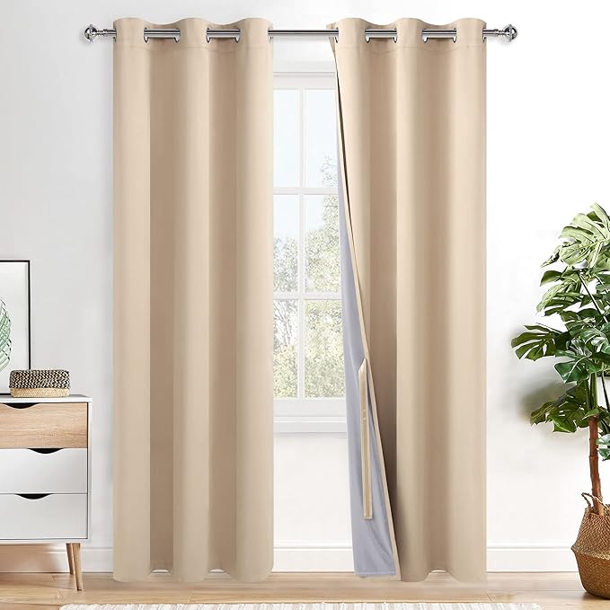 XWZO Total Blackout Curtains 84 Inches Long - Thermal Insulated Black Liner, Noise Reducing & Heat Blocking Drapes for Hall and Studio Windows with Tiebacks, Biscotti Beige, W38 x L84, Set of 2