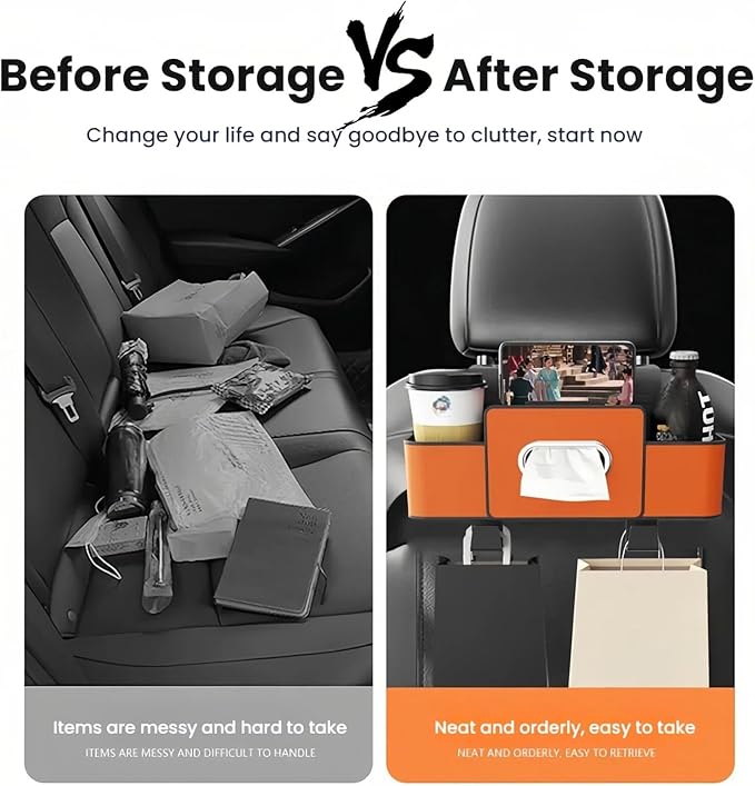 Car Organizers and Storage Box, 2026 New Multifunctional Car Seat Back Storage Box, Multifunctional Car Back Seat Storage Organizer-Carstorage Bag with 2 Cup Holders, Tissue Box, Hooks (Beige)