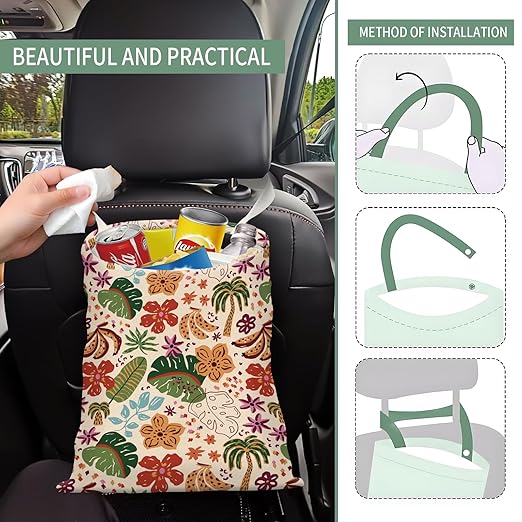 Cute Car Trash Can, Hanging Canvas Car Back Seat Organizer and Storage Bag, Funny Car Trash Bag For Travelling, Outdoor Colorful Vintage Floral