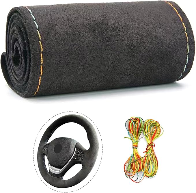 Suede Leather Steering Wheel Cover Wrap Kit - DIY Stitch-On for 15-16" Wheels, Superior Sweat Absorption & Non-Slip Grip, Comfortable & Durable Year-Round Upgrade