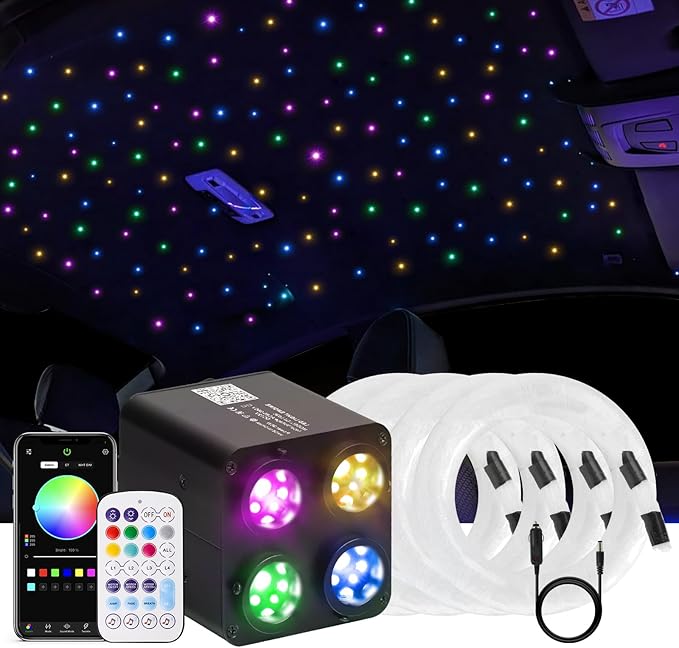 36W 4-Color RGBW Car Starlight Headliner Kit, 1400pcs0.03in13.1ft, Twinkle & Sound Activate 4-Port Fiber Optic Light Engine with Bluetooth APP&Remote Control, Star Lights for Car and Home