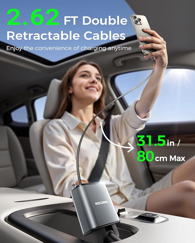 Retractable Car Charger for iPhone 17,Rocoren 4 in 1 USB C Car Charger with Dual Cord,69W Fast Charging Cigarette Lighter Adapter,Road Trip Essentials,Car Accessories Gifts for iPhone 16/15/14,Galaxy