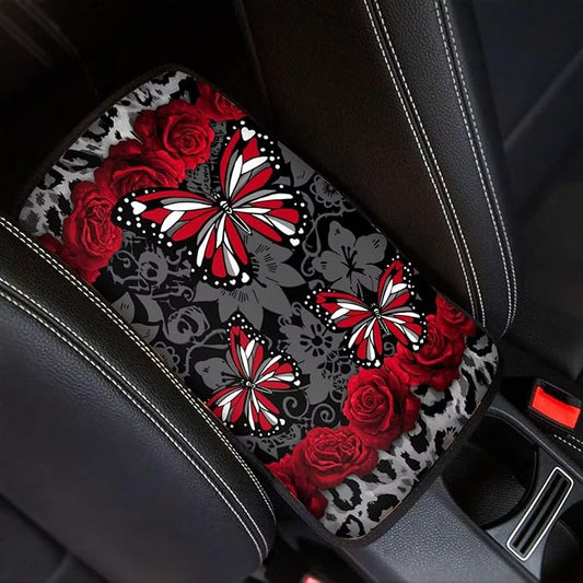 Butterfly Rose Print Center Console Armrest Pad for Cars Dust-Proof Anti-Slip Armrest Seat Storage Box Mat for Car Interior Decor, Easy to Install