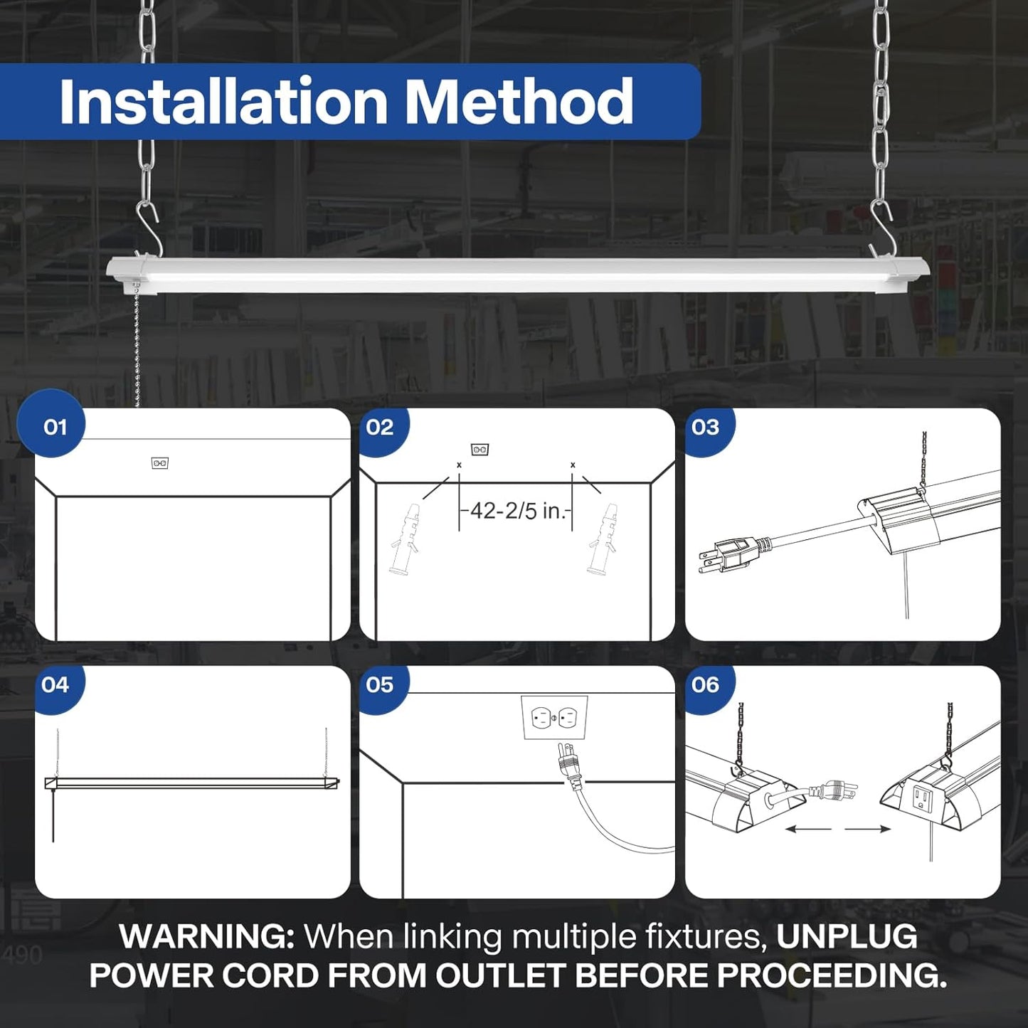 4-Pack 4ft Linkable Led Shop Light, Plug in Garage Lighting with Power Cord and Pull Chain, 7000lm Garage Ceiling Lights, Workshop Led Hanging Lights for Basements, Warehouses, ETL Listed