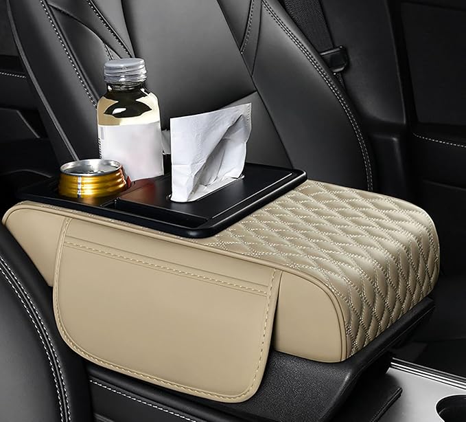 Car Armrest Center Console Cover for Genesis GV70 2021–2025, Center Console Pad with Cup Holder, Multifunctional Armrest Cushion,E Beige