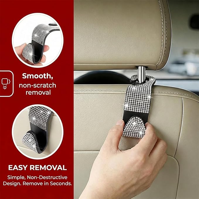 4PCS Bling Car Seat Headrest Hooks, Crystal Rhinestone Vehicle Back Seat Hanger Holder, Auto Interior Headrest Hanging Storage Organizer for Purse Handbag Coat, Universal Fit (Lake Blue)