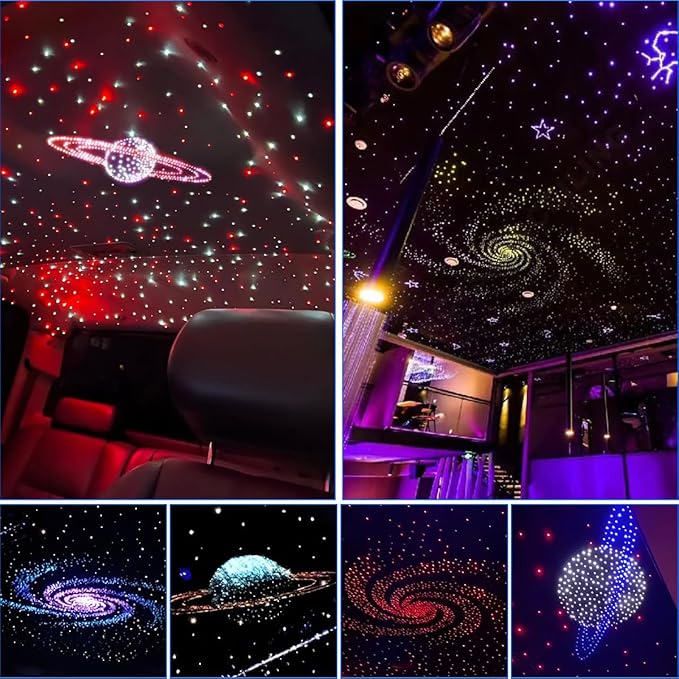 AKEPO MIni Size 6-Hole 3.2W RGB Multiple Color Chasing Fiber Optic Light Kit, 9.8ft APP Control 720pcs*0.75mm/0.03in Optical Fiber Mixed Color Timer Function Car Home Use Starlight Headliner Light