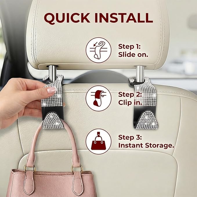 4PCS Bling Car Seat Headrest Hooks, Crystal Rhinestone Vehicle Back Seat Hanger Holder, Auto Interior Headrest Hanging Storage Organizer for Purse Handbag Coat, Universal Fit (Black)