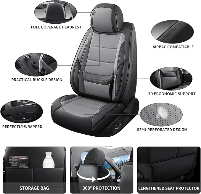 Car Seat Covers Full Set Custom Fit for Ford Escape 2001-2026 - Premium Faux Leather with Lumbar Support, Breathable, Anti-Slip & Full Wrapping Edge (Black&Gray,Full Set)
