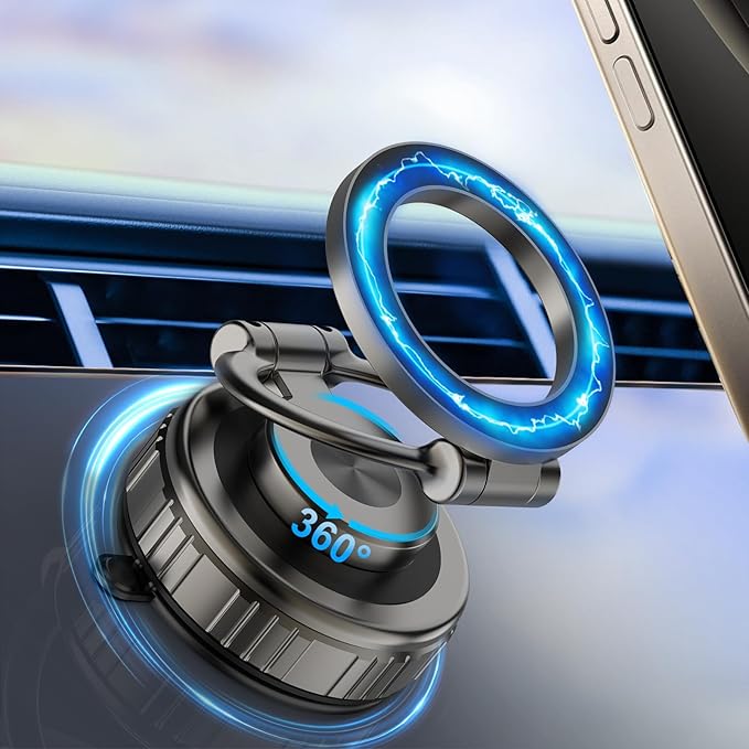 Kairiyard Phone Holders for Your Car, [80+LBS Strongest Suction & 2800gf Magnetic] 360° Adjustable Foldable Vacuum Magnetic Suction Car Cell Phone Holder Mount Compatible for MagSafe iPhone Car