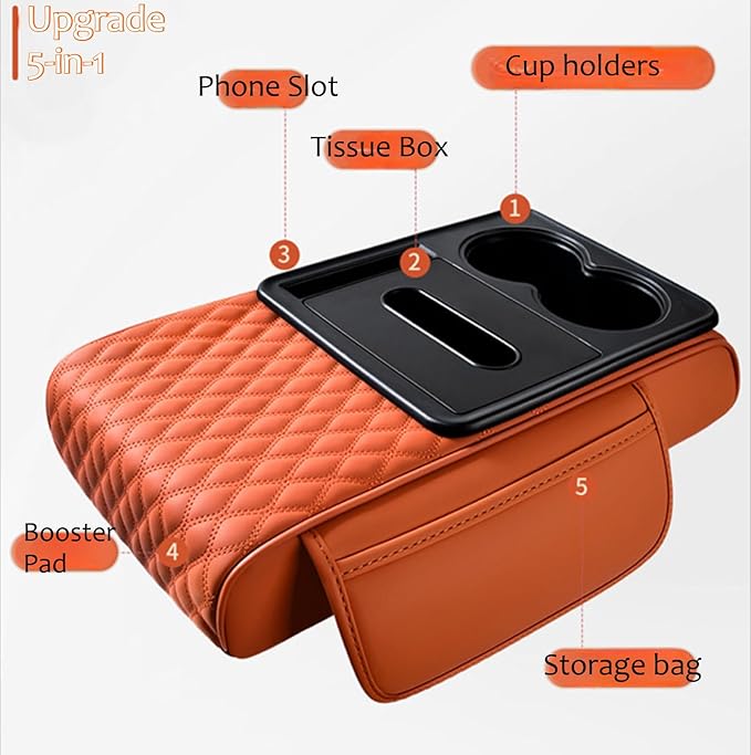 Car Center Console Armrest Pad, Arm Rest Box Cushion with Ergonomic Height Boost, Storage Pockets, Built-in Tissue Box, Cupholder, Fit for Most Sedan Vehicles (Embroidery Water Ripple, Pink)