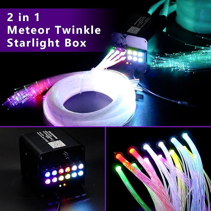 AZIMOM 4Colors 2 in 1 Meteor Twinkle Fiber Optic Starlight Headliner Kits Mixed860pcs 13.1ft Fiber Strands,RGB Meteor Shooting Star 240pcs, Sound Remote APP Control Home Ceiling Car Headliner Decor