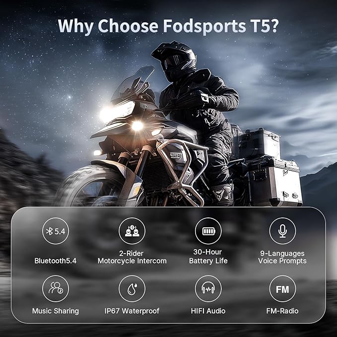 Fodsports T5 Motorcycle Helmet Bluetooth V5.4, 2-Way Helmet Intercom Communication Systems with Music Sharing, 9-Language Voice Prompts/Voice Assistant/FM Radio/2 Type Mics/4 Colored Faceplates