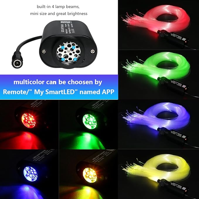 AMKI Mini 6W Starlight Headliner Kit 600pcs 0.03in 9.8ft,Twinkle+Sound Activated Fiber Optic Light 4Lamp Beam Starlight Box APP/Remote Control for Car Home Star Ceiling Decoration