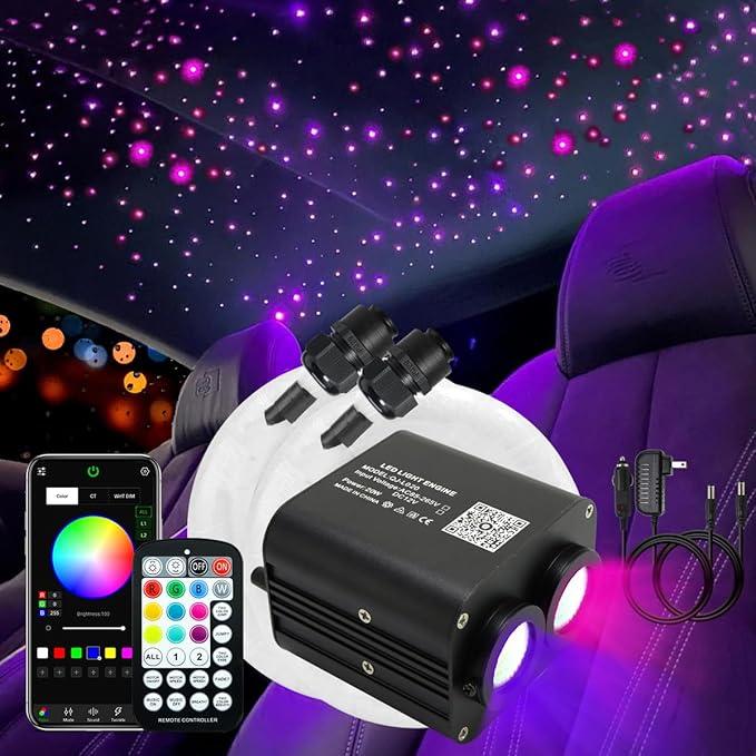 AKEPO 20W Twinkle Dual-Head Dual Color Fiber Optic Lights, Fiber Optic Star Ceiling Light Kit Sound Activated APP Remote Control for Car Starlights Headliner/Home 830pcs 13.1ft/4m Fiber Strands