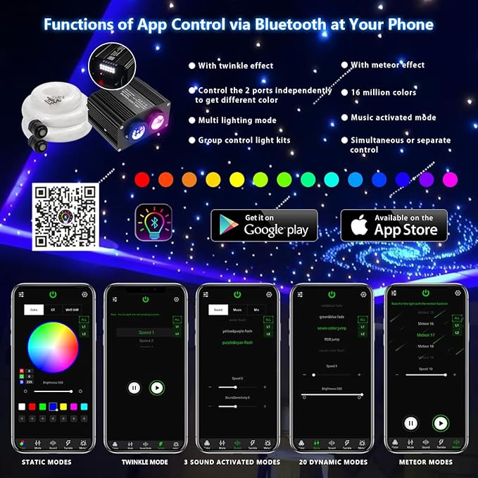AKEPO 18W Dual Color Twinkle+Meteor All-in-one Fiber Optic Lights, 400pcs*0.03in*9.8ft+240pcs Shooting Star Fibers Remote/APP Starlight Headliner Kit Car Home Music Activated Optical Star Ceiling Kits