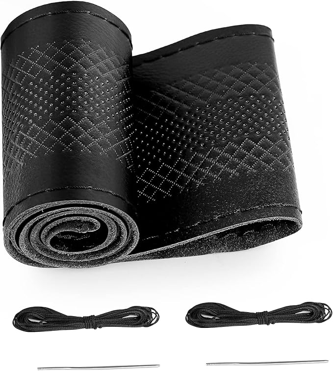 BELINOUS Leather Steering Wheel Cover Lace Up, Embossed Steering Wheel Wrap Fit for 13 3/4-16 Inch Car, Stitch on Wrap DIY w/Needle Thread (Size L6, Black)