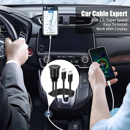 Dual Port USB C 2.0 Male to USB C 2.0 Female Extension Cable,Flush Mount Waterproof Panel Cable for Car,Truck,Boat,Motorcycle Dashboard 3.3ft