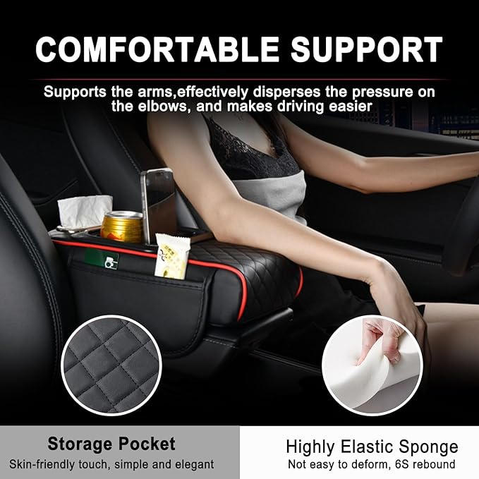 Car Armrest Storage Box for Nissan Hardbody (D21) 1986–1997, Center Console Organizer with Side Pocket, Ergonomic Memory Foam Armrest Cushion, Car Elbow Support Pad,B Black Red