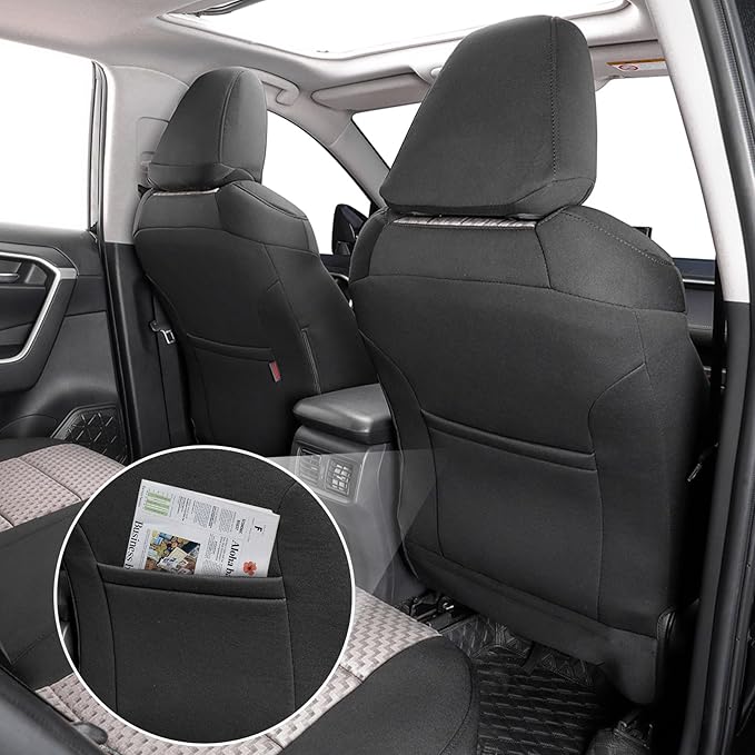 coverdream Rav4 Hybrid Seat Covers Custom Fit for 2019-2025 Toyota Rav4 Hybrid (Not for XSE/SE/Plug-in Hybrid),Full Coverage,Airbag Compatible,Polyester Car Seat Protector(Full Set,Black & Beige)
