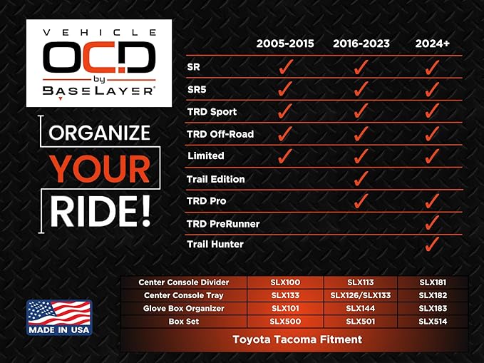 Vehicle OCD - Center Console Divider, Tray, and Glove Box Organizer for Toyota Tacoma (2016-2023) - Made in USA - SLX501