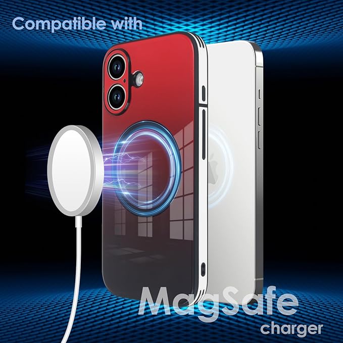 Guppy Compatible with iPhone 16 Case Magnetic, with Full Camera Lens Protector [Compatible with MagSafe] Scratch Resistant Gradient Glass Back Cover Phone Case-Red