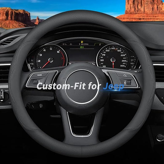 Custom-Fit for Jeep Steering Wheel Cover, Premium Leather Car Steering Wheel Cover with Logo, Non-Slip, Breathable (B-Style,for Jeep)