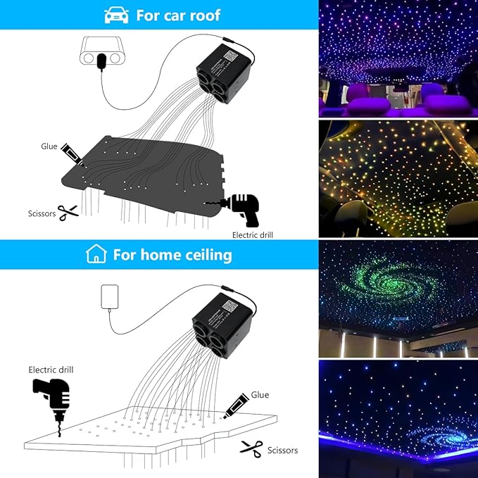 AKEPO 36W 4 Color Twinkle Fiber Optic Starlights Headliner Lights Kit, Optical Fibers Music Sync Bluetooth APP Control Starlight Kit, 2400pcs*13.1ft