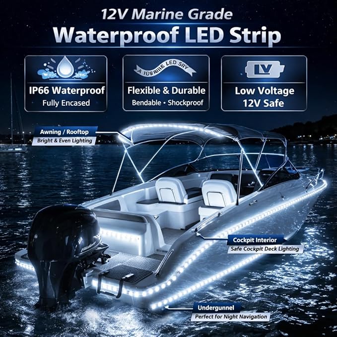 12V Marine Boat LED Light Strip Super Bright, 2 Pack 4FT IP68 Fully Waterproof RV Front Cap Lights, Golf Cart Underglow Roof Lights Strip for Truck ATV UTV SUV Car Pickup Trailer, Cuttable, White