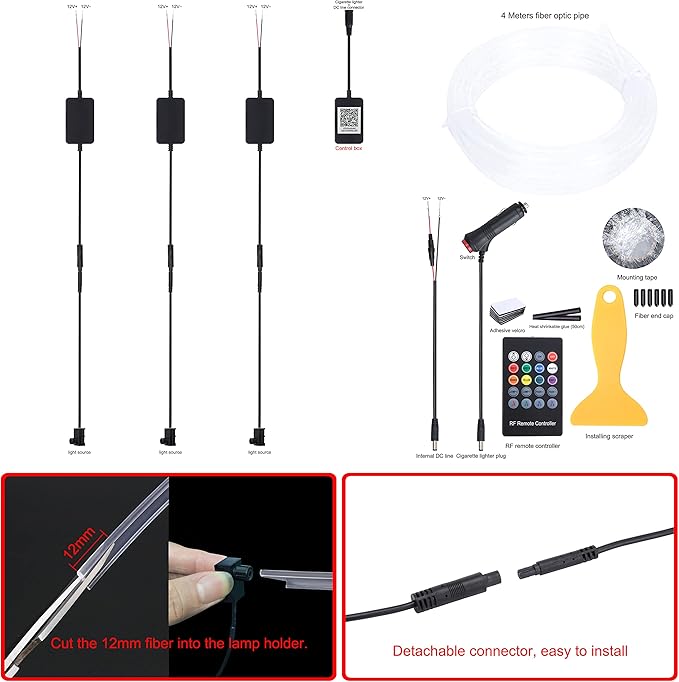Car Interior Ambient Lighting Optic Fiber RGB 64 Colors Multicoloured Music Car Footwell Lighting Kit with Cigarette Lighter and App Microphone, 12-24V 4m