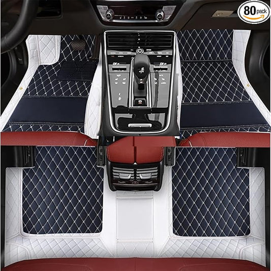 TREGOO All Weather Car Mats Custom Fit Non Slip Floor Mats for 1998-2025 Cars Personalized Leather Protection Pads Suitable for Men Women (Edge White, Medium Black and White)