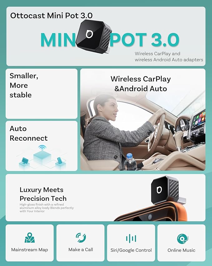 OTTOCAST Mini 3.0 Black 2-in-1 Wireless CarPlay & Android Auto Adapter – Plug & Play for iPhone/Android, Dual-Phone Memory, Dual-Band WiFi (2.4/5GHz), Auto-Reconnect