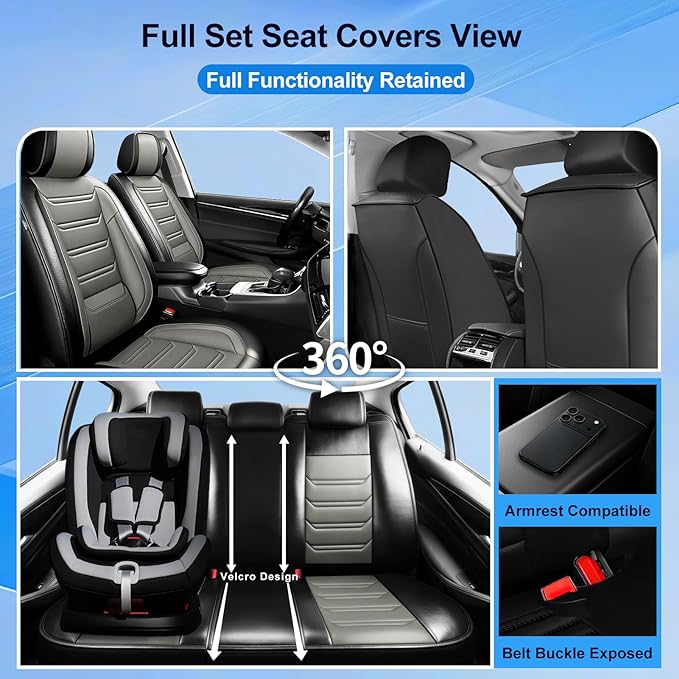 Fit Blazer Car Seat Covers for Select Chevrolet/Chevy Blazer 2019-2026, Premium Full Coverage Leather, Airbag Compatible, Waterproof All Weather Seat Cushion Protector, Full Set, Black+Gray