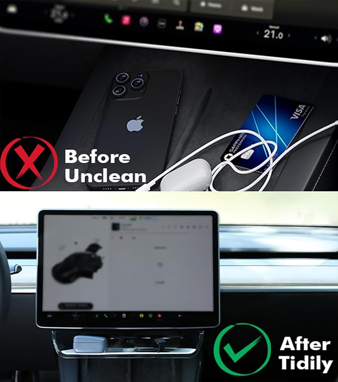 PM Auto Under-Screen Storage Organizer for Tesla Model Y (2020-2025) & Model 3 (2017-2023), Center Console Tray with Anti-Slip Silicone Pad, Interior Accessories White