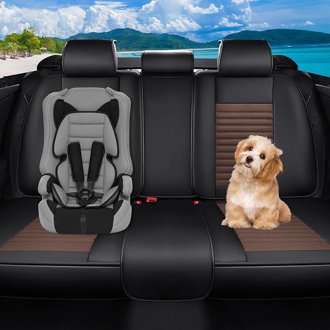 Truck Seat Covers Full Set Fit for Toyota Tacoma 2001-2025, Premium Faux Leather Car Seat Protector,Breathable Anti-Slip Full Wrapping Edge Seat Covers(Black&Brown,Full Set)
