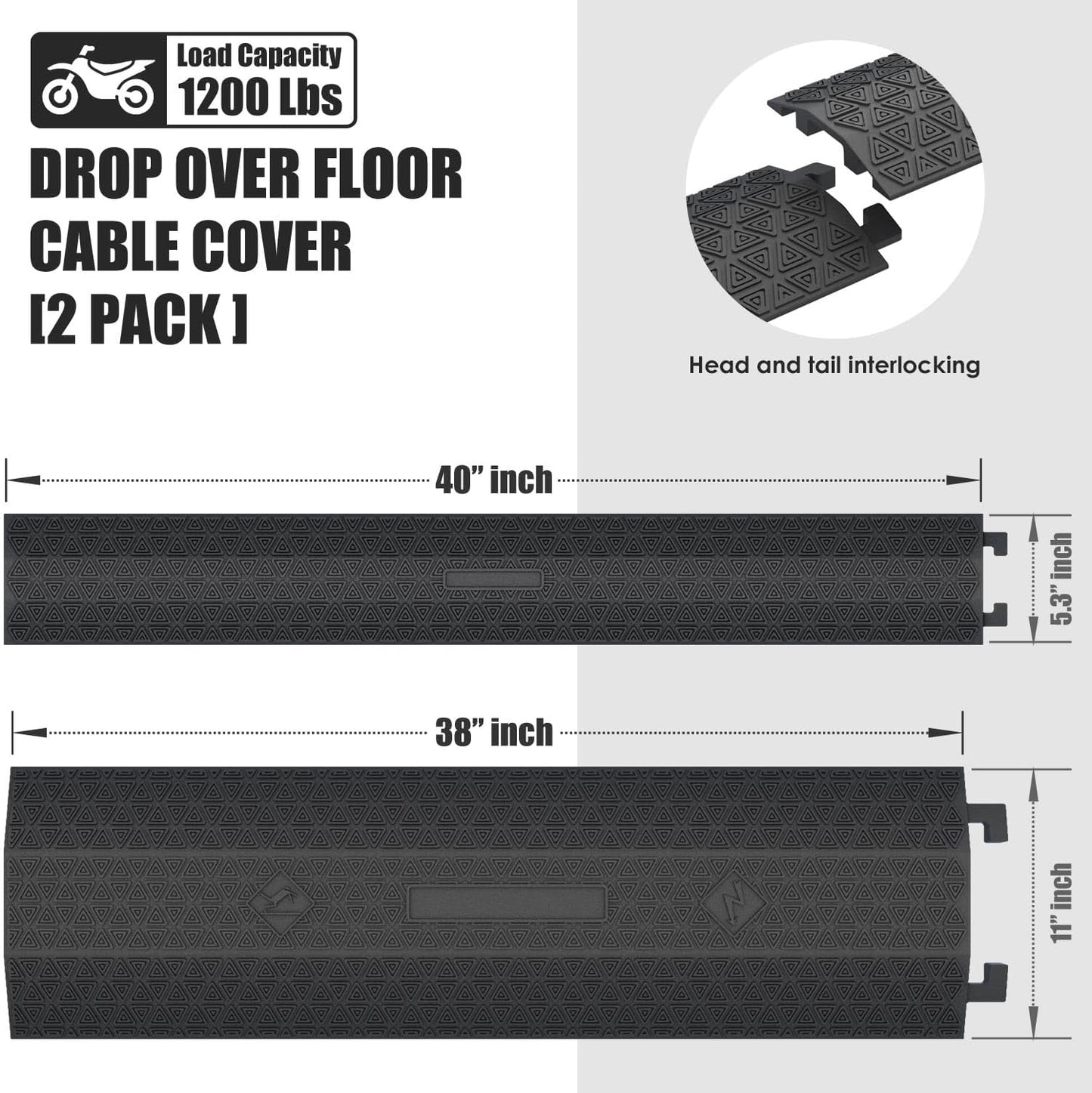 Double 40" inch Rubber Drop Over Cable Cover, 2 Pack Prevent Tripping Floor Cord Protector, Interlocking Cable Cover, Drop Track Cable Ramp, for Home, Office, Store, Warehouse (Wide - 2Pack)