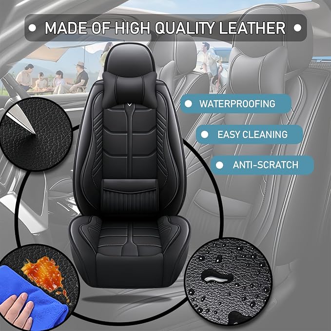 Leather Car Seat Covers Fit for Toyota Corolla iM 2017-2018, 5 Seater Car Seat Cover, Premium Waterproof, Scratch Resistant Car Interior Accessories (Full Set with Pillow Black)